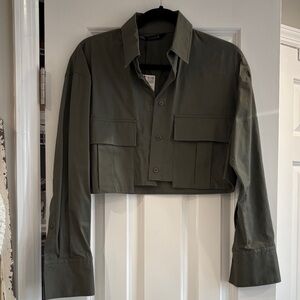 Zara Olive Green Cropped Button Down Top